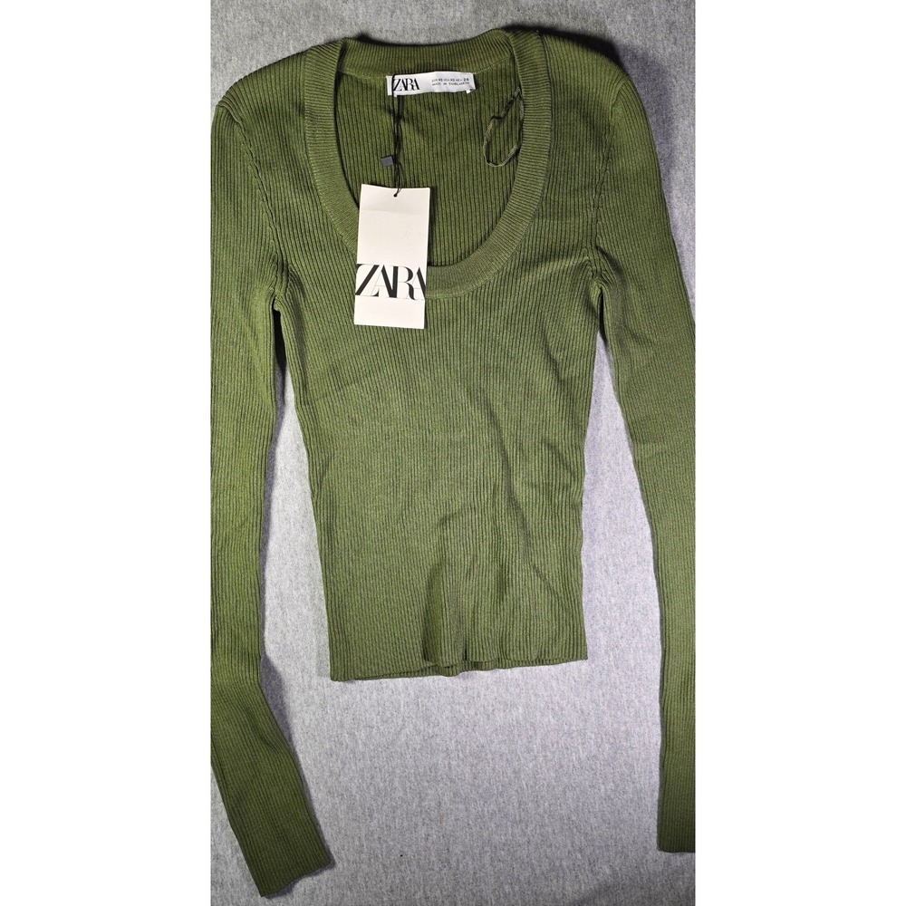 Zara Olive Green Ribbed Knit Long Sleeve Scoop Neck Top XS 3471/106/505